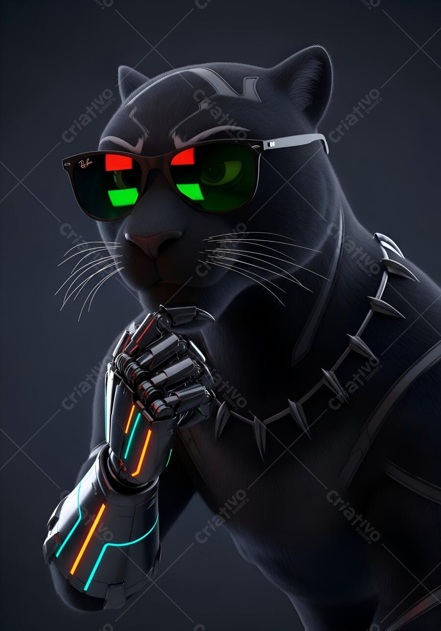Pantera negra robótica com óculos escuros e colar futurista pensando