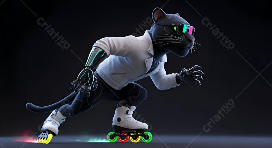 Pantera negra ciborgue de óculos e patins neon em movimento
