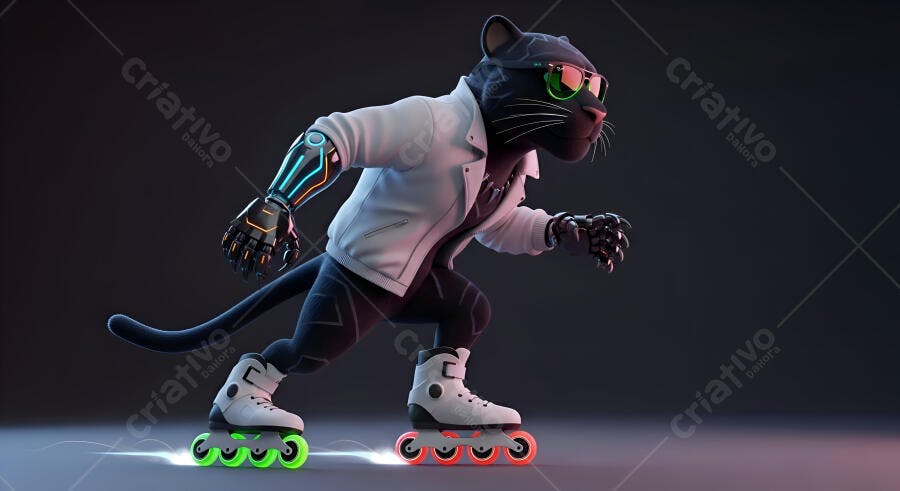 Pantera negra patinando com jaqueta branca óculos verdes e braço cibernético