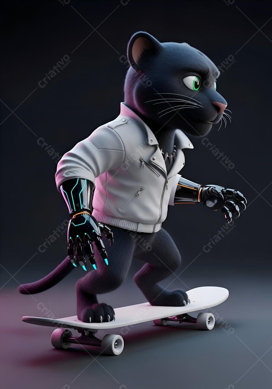 Pantera negra com jaqueta branca e braços cibernéticos em skate