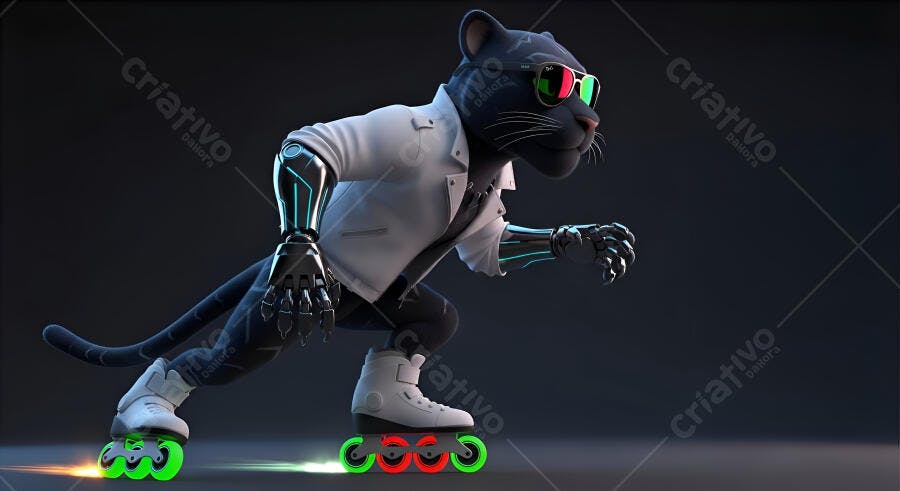 Pantera negra cyborg patinando com óculos e rodas neon em fundo escuro