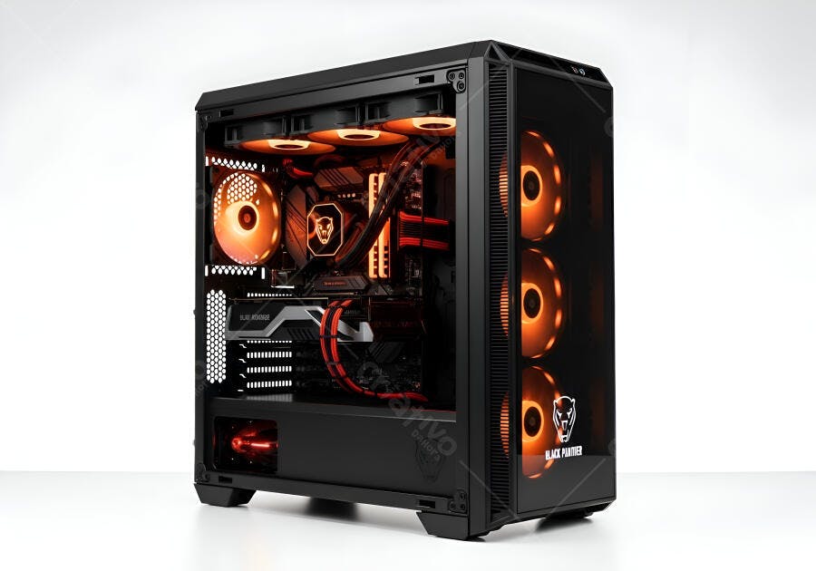 Gabinete PC Gamer preto com iluminação LED laranja e painel lateral transparente