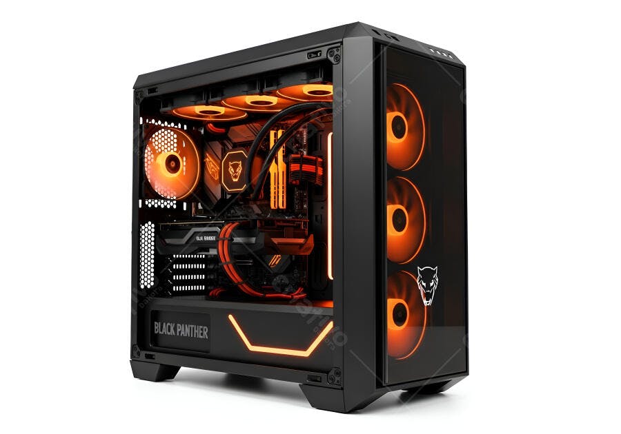 Gabinete PC Gamer preto com iluminação laranja LED e ventoinhas visíveis
