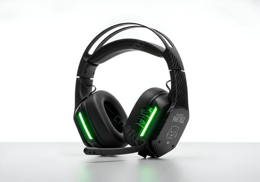 Headset gamer Black Panther preto com luzes verdes e microfone para e-sports