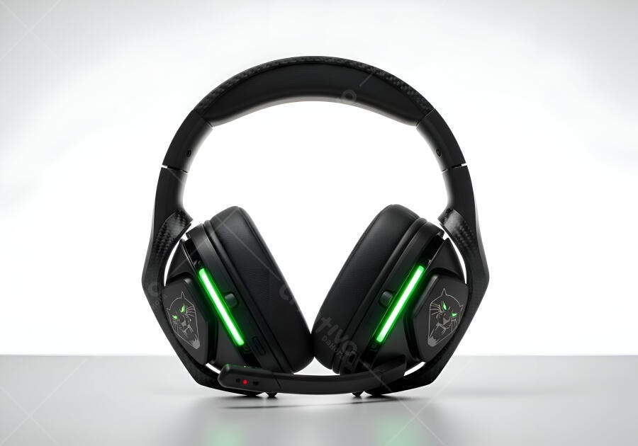 Headset gamer preto com luzes verdes e microfone isolado