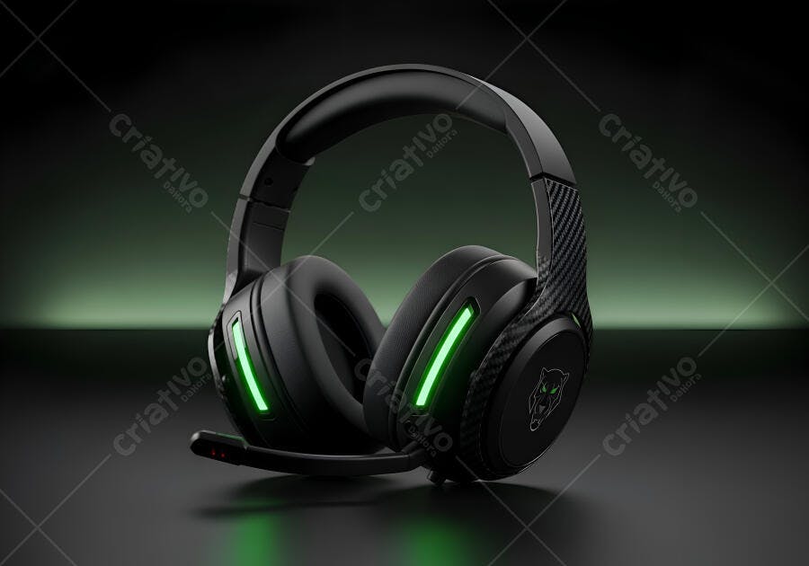 Fone de ouvido gamer preto com luzes LED verdes e microfone integrado