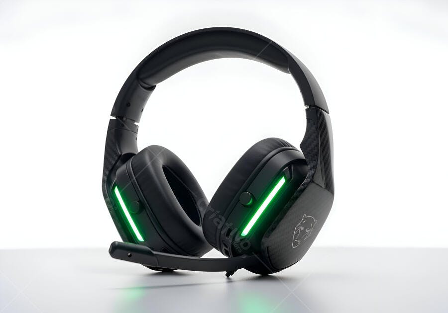 Headset gamer preto com luzes LED verdes e microfone em fundo branco