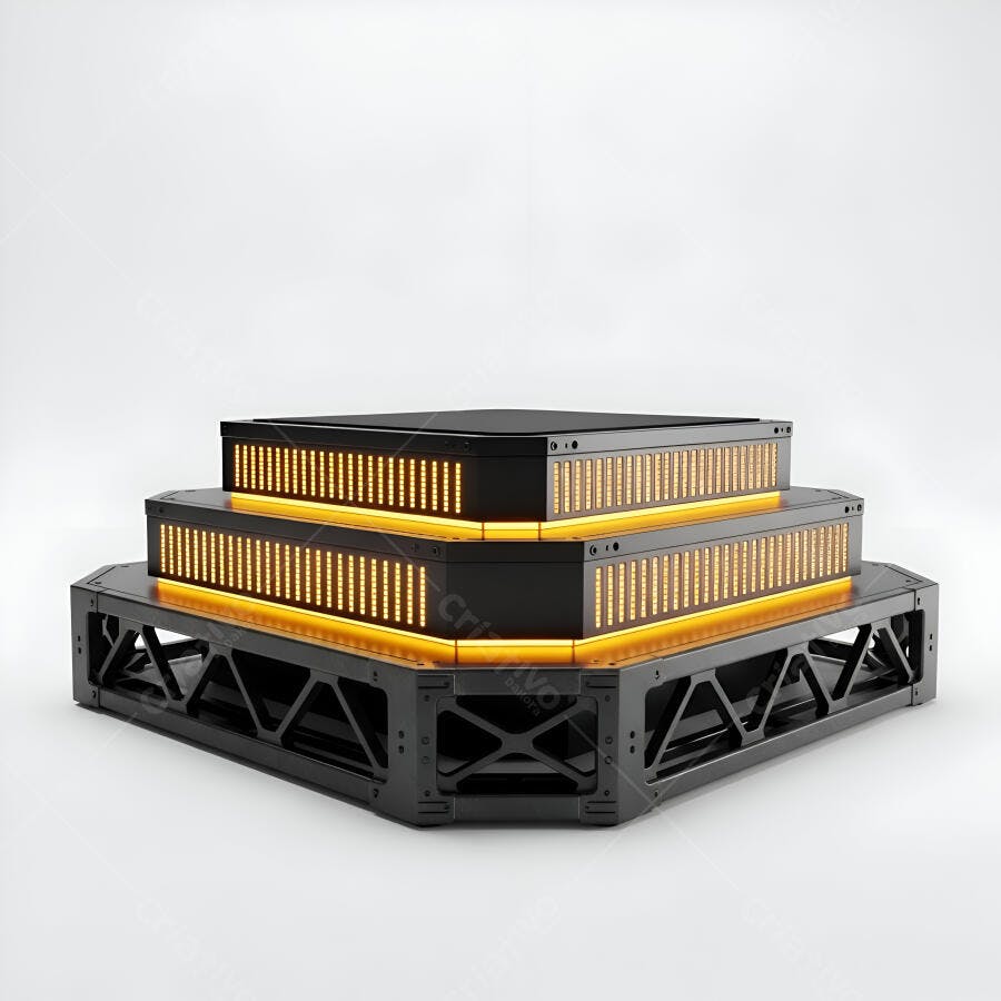 Plataforma de exibição futurista preta com iluminação LED amarela