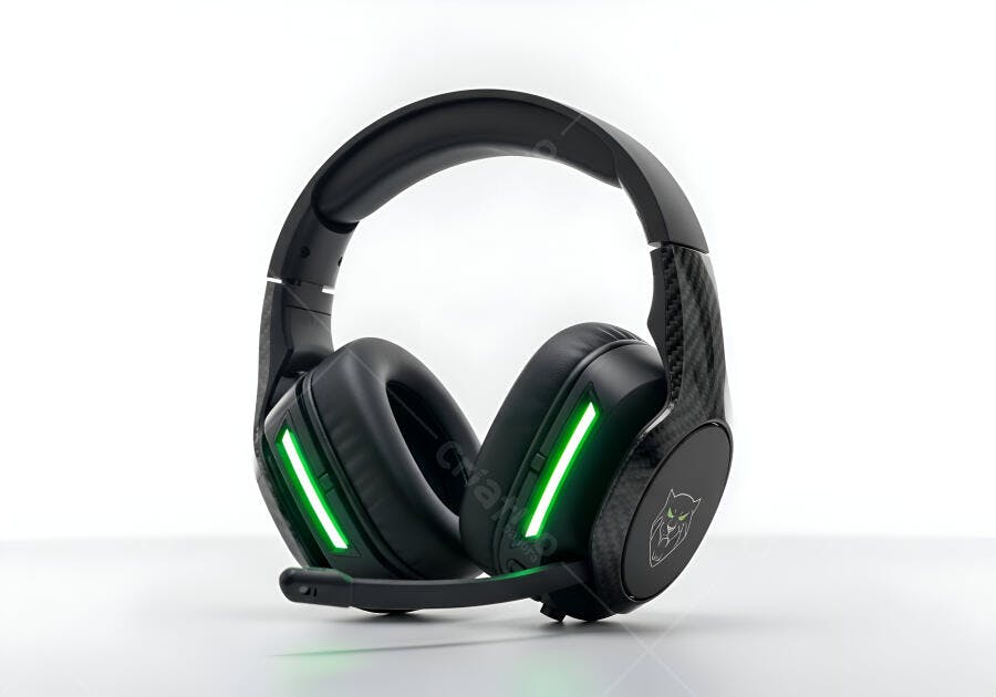 Fone de ouvido gamer preto com luzes LED verdes e microfone