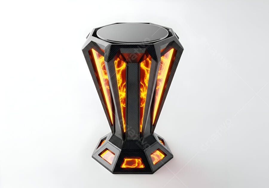 Pedestal futurista de carbono com luz laranja incandescente em fundo branco
