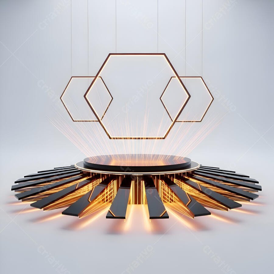 Pódio futurista iluminado com raios dourados e formas hexagonais suspensas