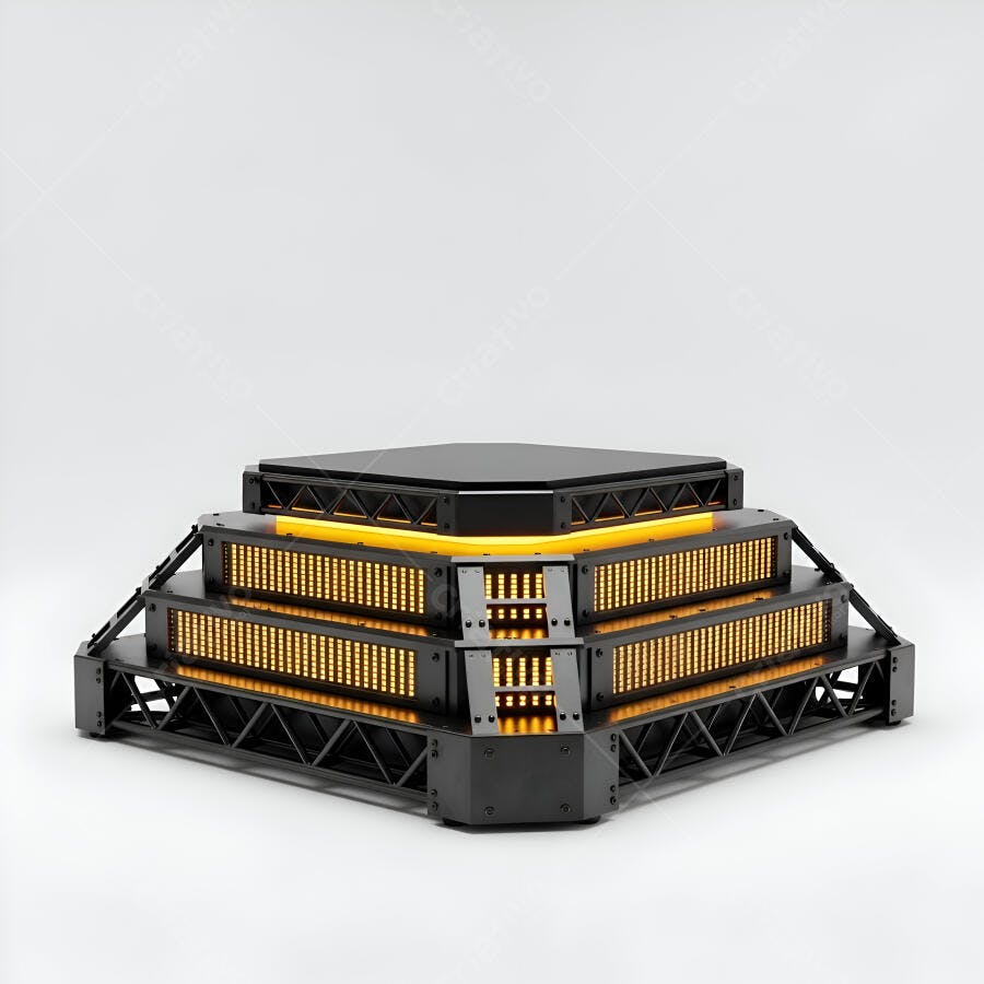 Pedestal de exibição futurista preto com luzes LED laranja vibrantes
