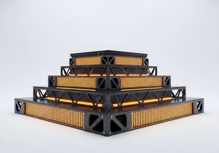 Pódio moderno preto com luzes LED laranja em fundo branco