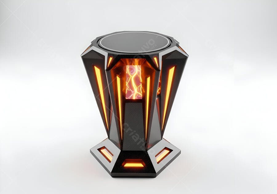 Objeto tecnológico geométrico com luz laranja e raios em estúdio