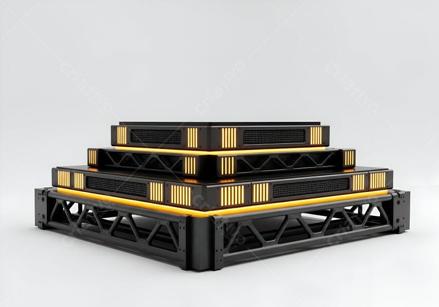 Plataforma de exibição preta com luzes laranja neon em camadas