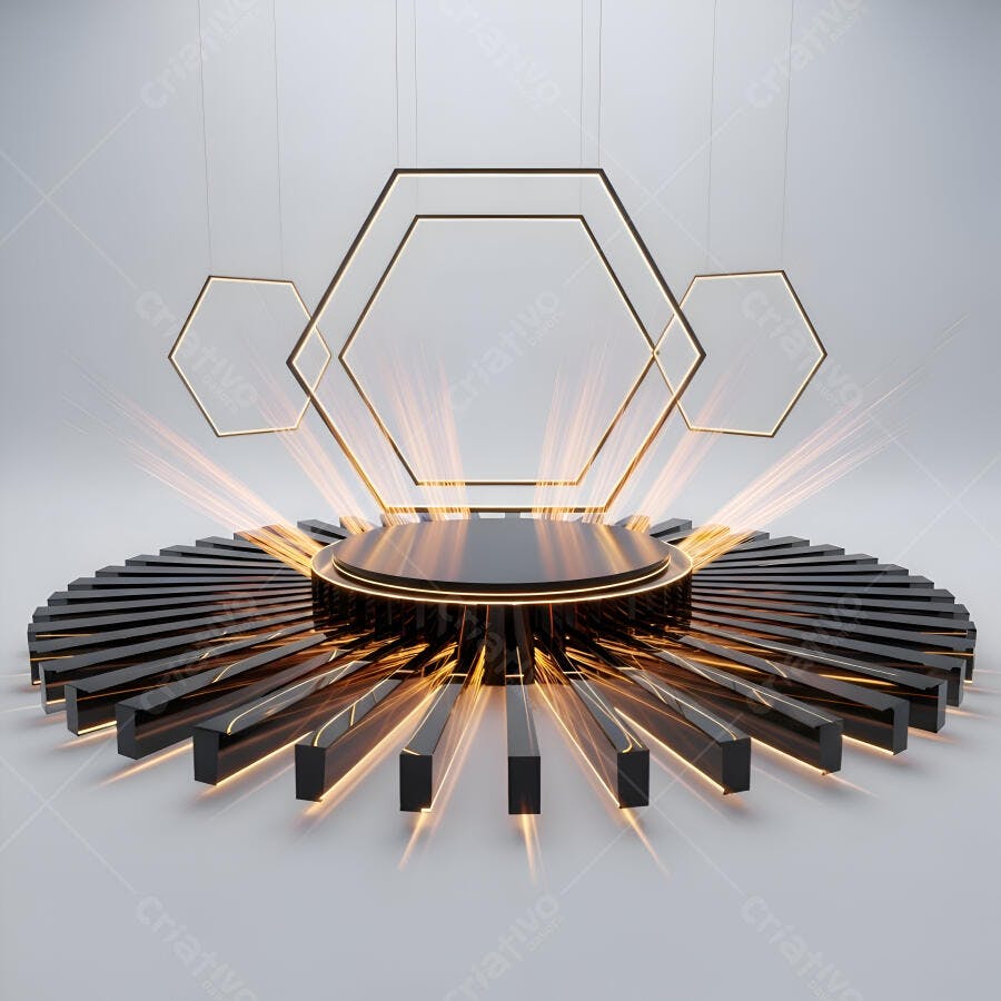 Pódio de exibição preto e dourado com luzes hexagonais e raios cintilantes