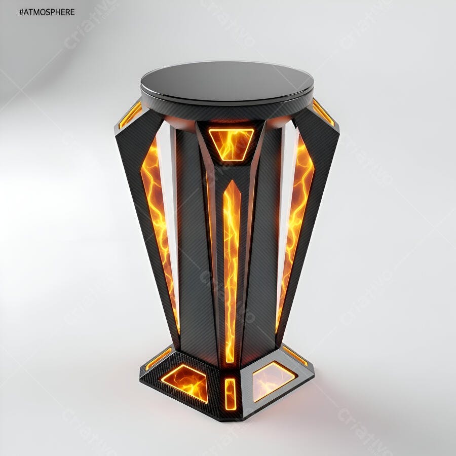 Pedestal futurista preto com luzes laranja brilhantes em estúdio