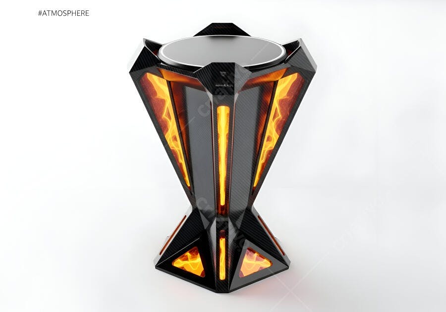 Luminária geométrica preta com detalhes em chama laranja futurista em estúdio
