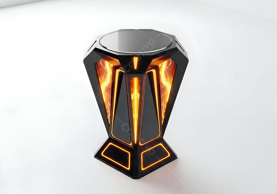 Objeto futurista preto angular com luzes laranja em estúdio branco