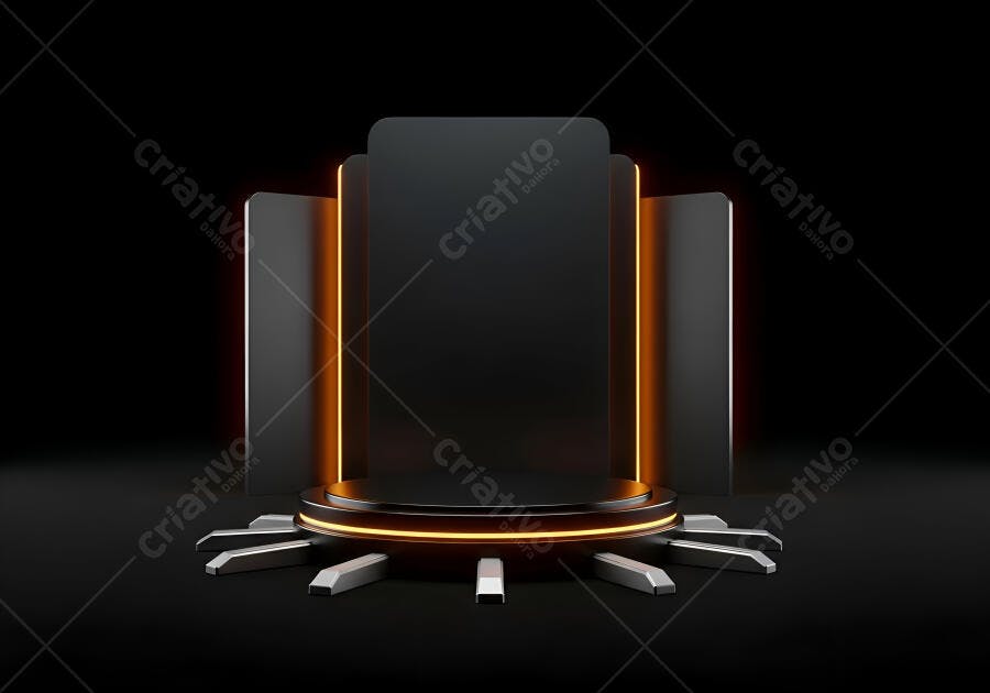 Pódio 3D futurista preto com luzes neon laranja em fundo escuro