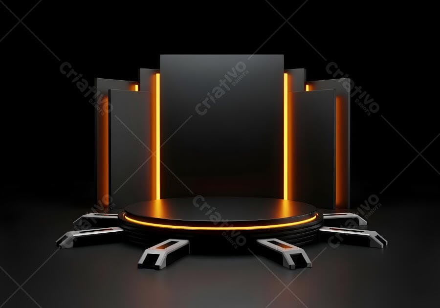 Plataforma de exibição futurista preta com luzes neon laranja