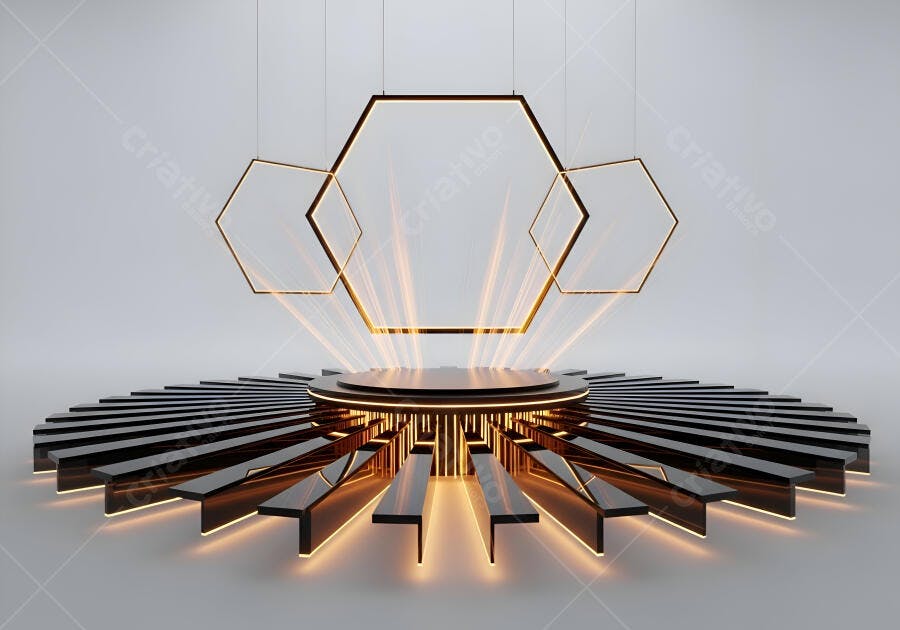 Palco futurista com luzes hexagonais douradas e pódio central