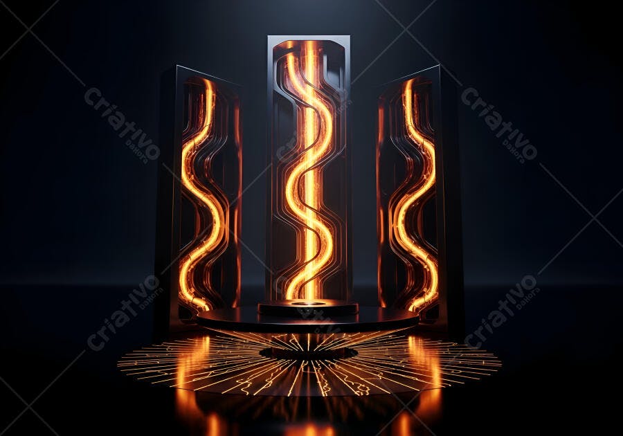 Display futurista de energia com luzes laranja e circuitos em ambiente escuro