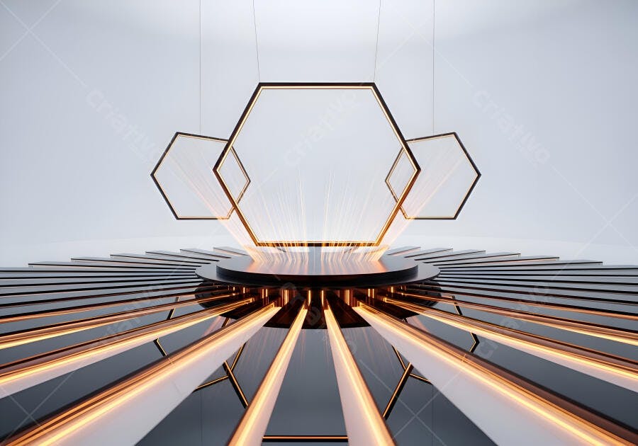 Palco futurista com luzes laranjas e hexágonos flutuantes