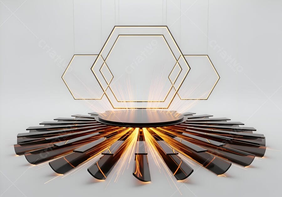 Pódio futurista iluminado com raios dourados e elementos hexagonais