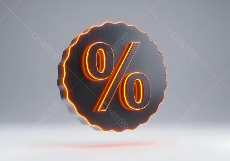 Símbolo de porcentagem 3D com brilho neon laranja em fundo cinza de promoção
