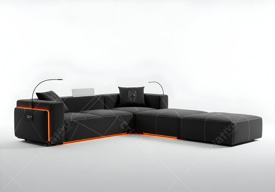 Sofá modular preto com iluminação LED laranja e design moderno em estúdio geek