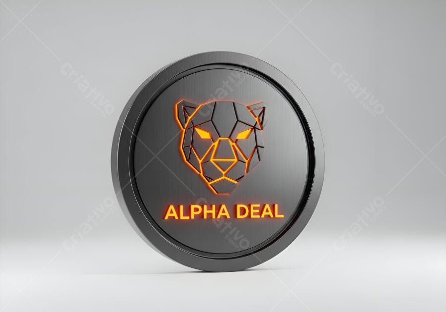 Logo de pantera geométrica laranja Alpha Deal em moeda digital 3D