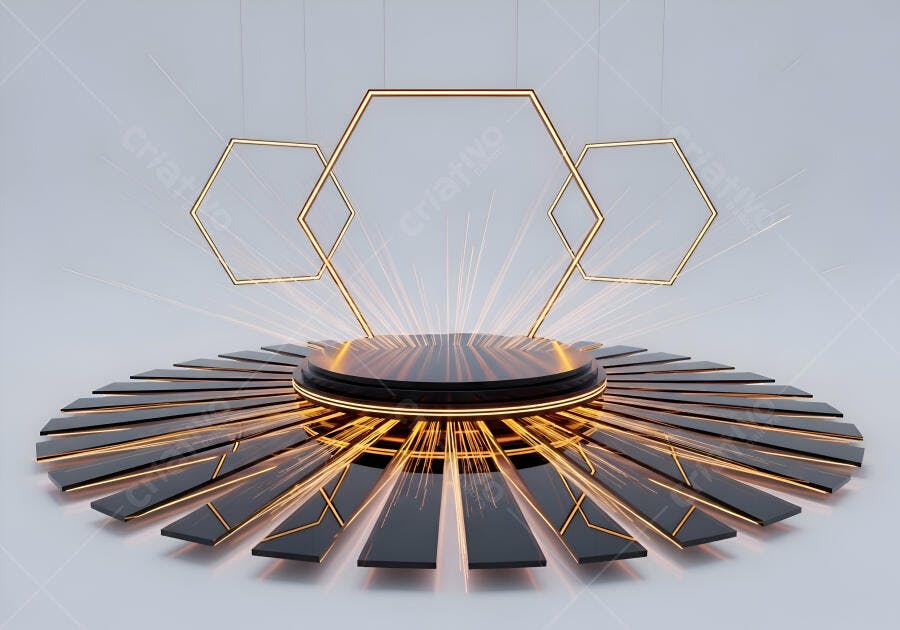 Pódio moderno preto e dourado com iluminação hexagonal abstrata
