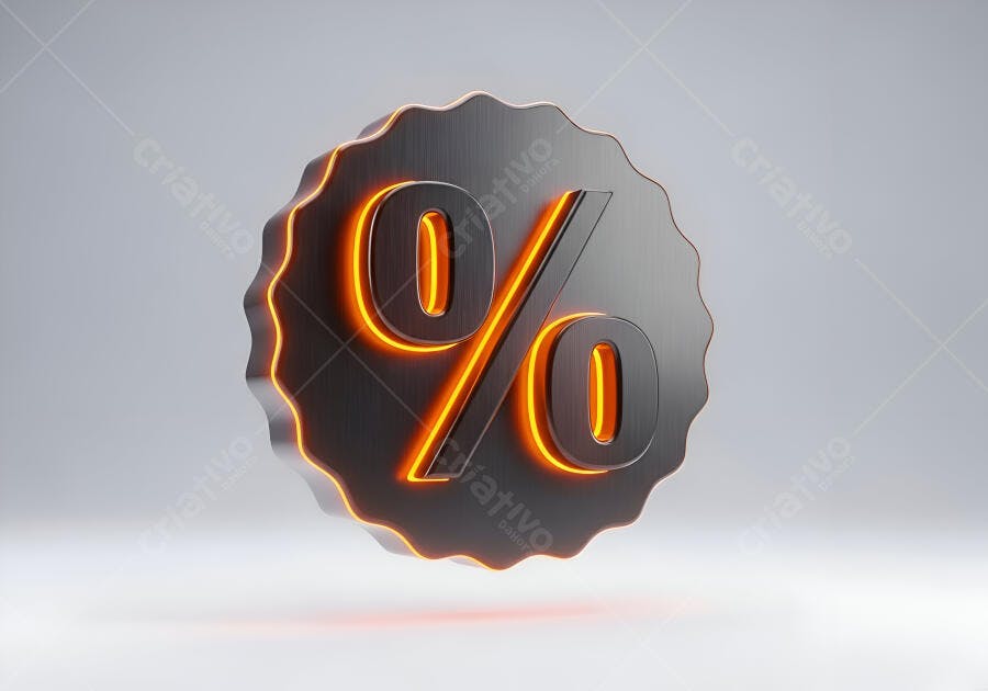 Símbolo de porcentagem 3D cinza com brilho laranja neon em fundo claro