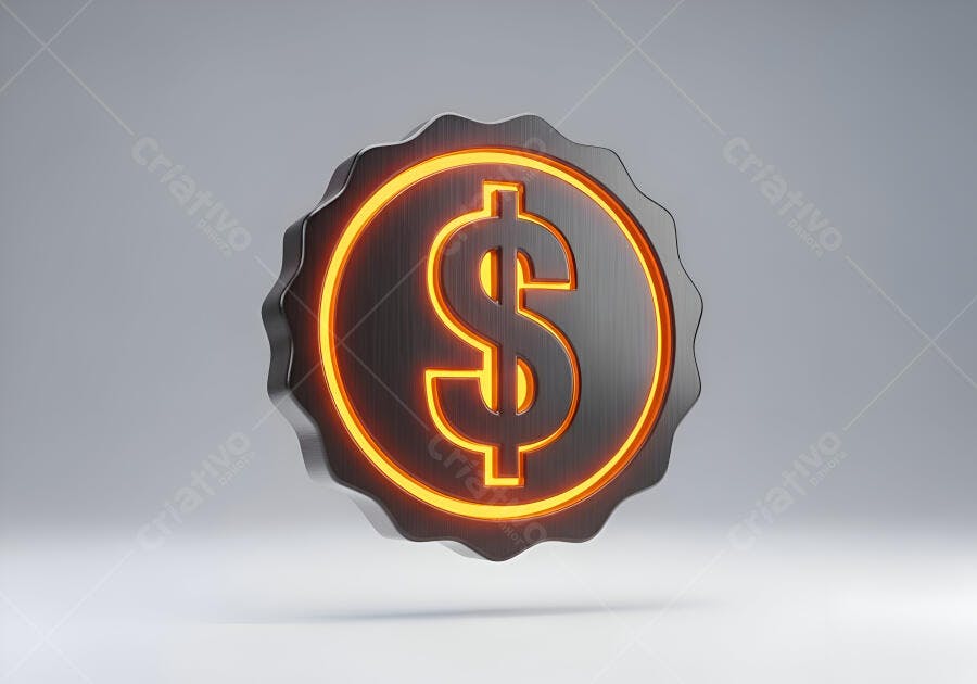 Símbolo do dólar brilhante em metal cinza com luz laranja 3D