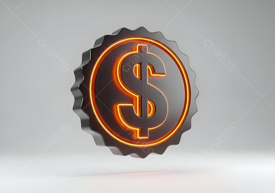 Símbolo do dólar 3D brilhante em emblema metálico para conceito de economia