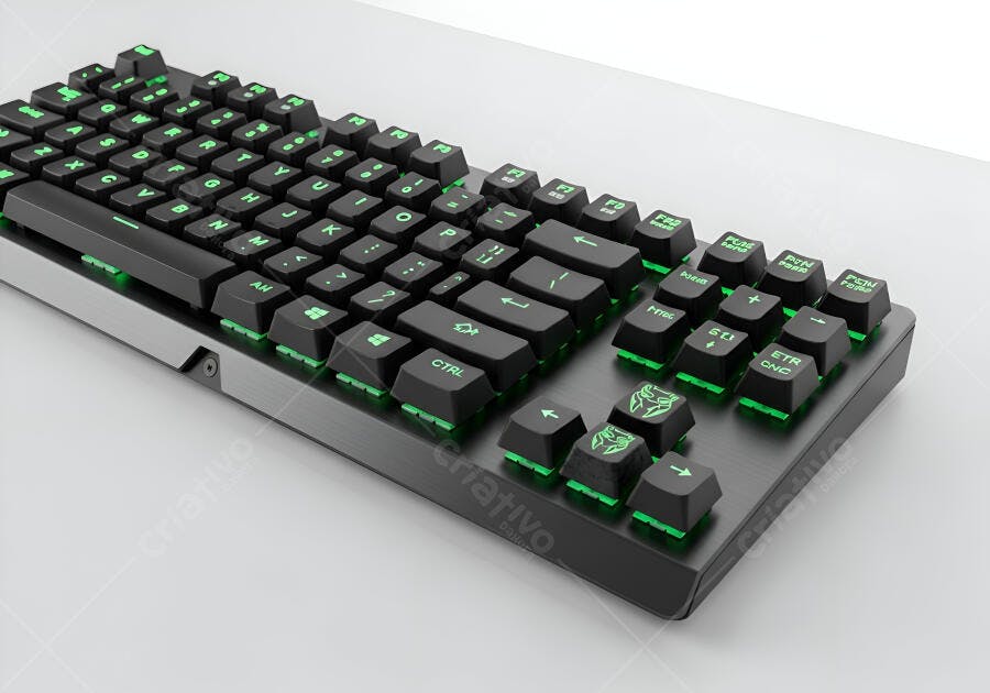 Teclado gamer mecânico preto com luz LED verde em fundo branco