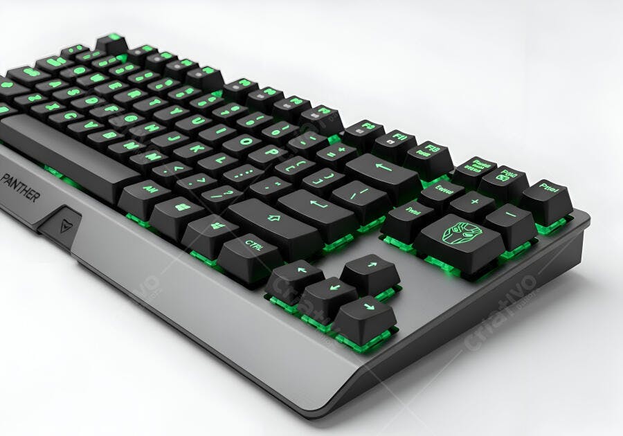 Teclado gamer mecânico preto e cinza com luzes verdes vibrantes
