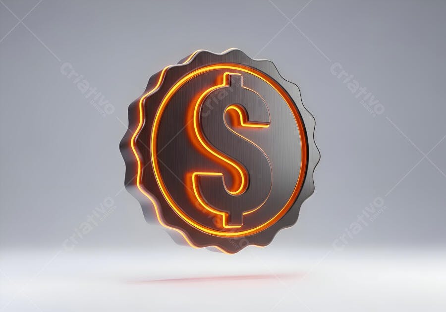Emblema 3D metálico cinza com símbolo de dólar iluminado laranja neon