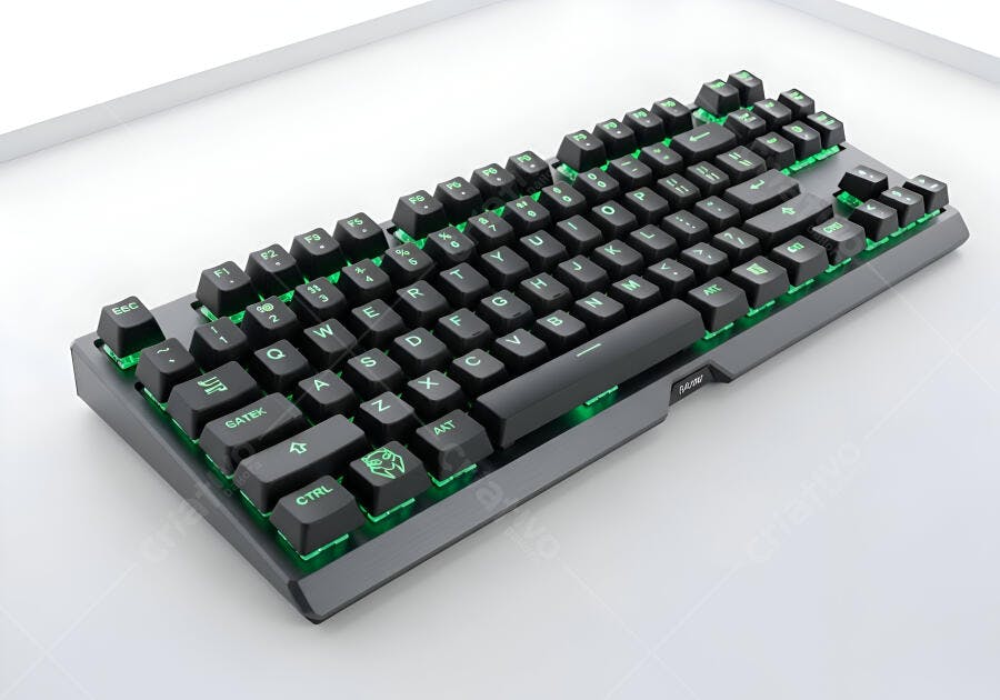 Teclado gamer mecânico preto com iluminação LED verde em fundo branco minimalista