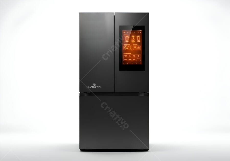 Geladeira smart preta com tela touchscreen digital e design moderno