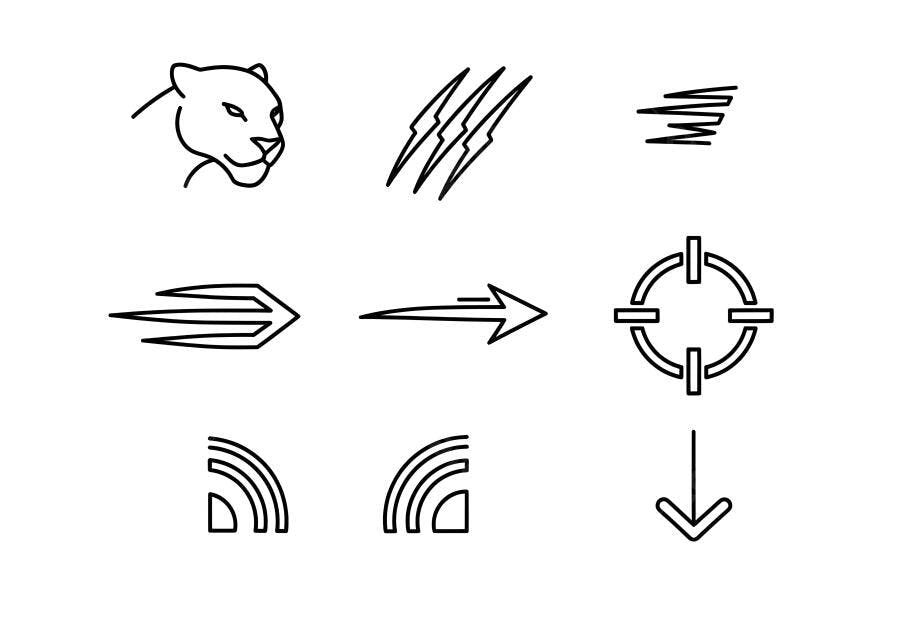 Conjunto de ícones minimalistas linha preta pantera raios flechas e sinais wi-fi