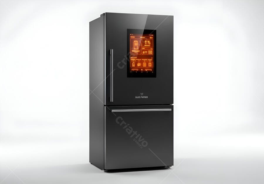 Geladeira inteligente preta com tela digital laranja e design moderno
