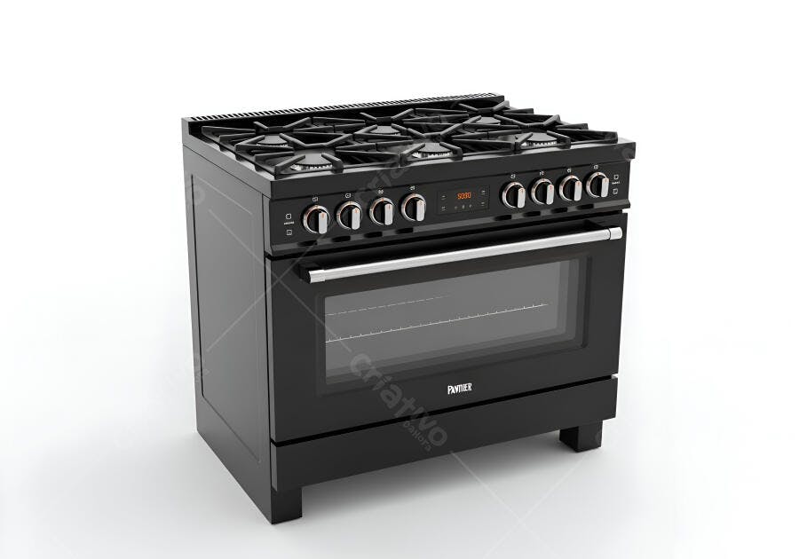 Fogão preto seis bocas com forno e display digital em estúdio branco