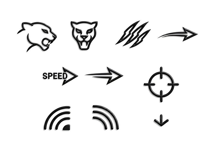 Ícones vetoriais de animais e símbolos pantera garras setas alvo e wifi em fundo branco