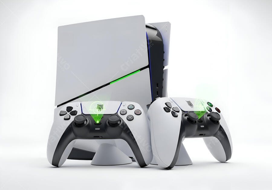 Console PlayStation 5 branco com dois controles DualSense e luzes verdes em fundo branco