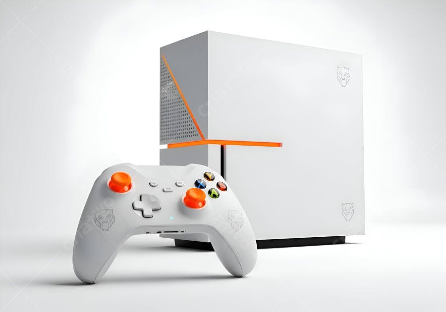 Console de videogame branco e controle com detalhes laranja em estúdio