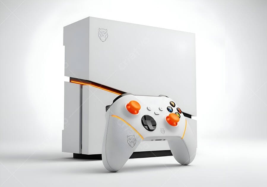 Console e controle de videogame branco e laranja em estúdio moderno
