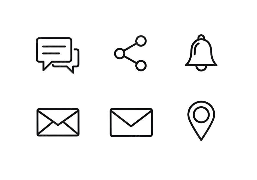 Ícones de interface pretos para comunicação e navegação digital