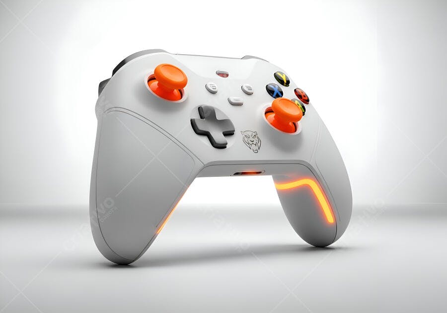 Controle de videogame branco e laranja com luz neon em estúdio